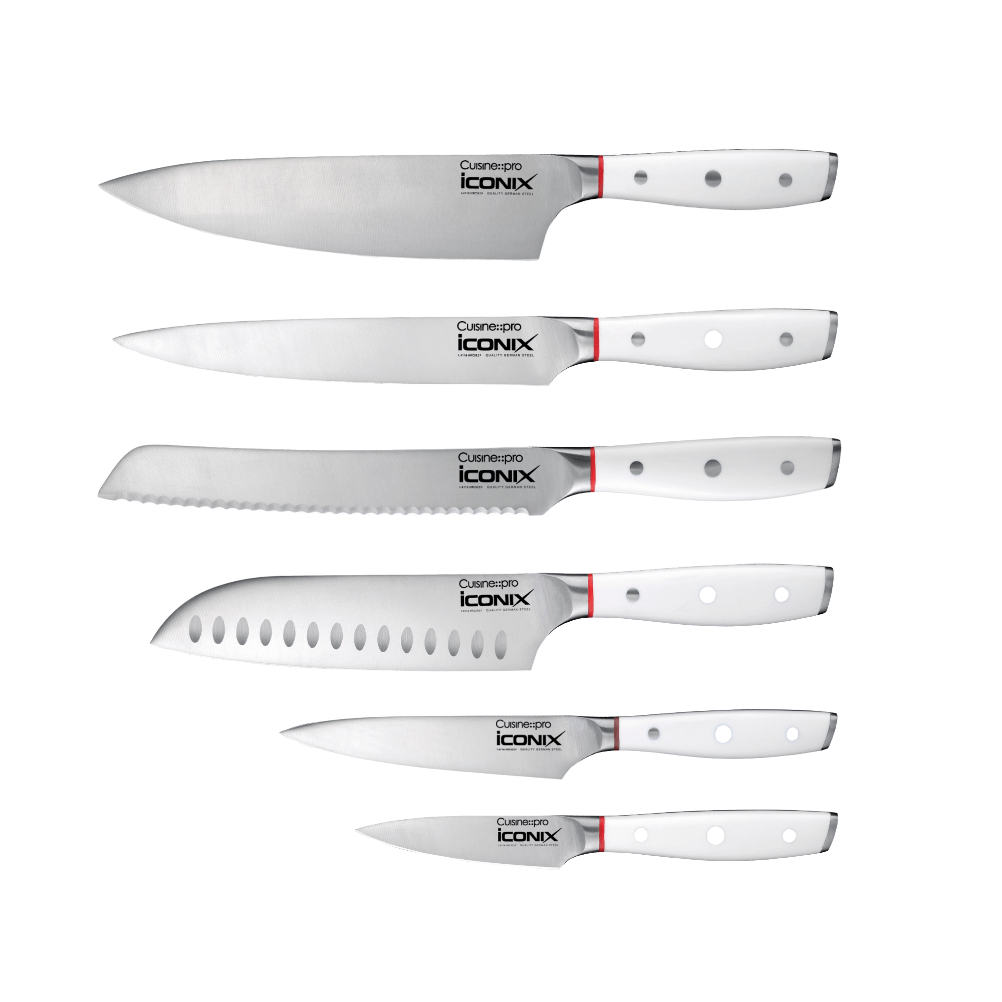 Cuisine::pro® iconiX™ Straub 7 piece knife set made from German stainless steel 1.4116 displaying knives on a green background.