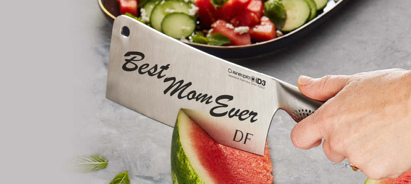 Personalized kitchen knife with "Best Mom Ever" engraving, perfect Mother's Day gift, cutting watermelon.