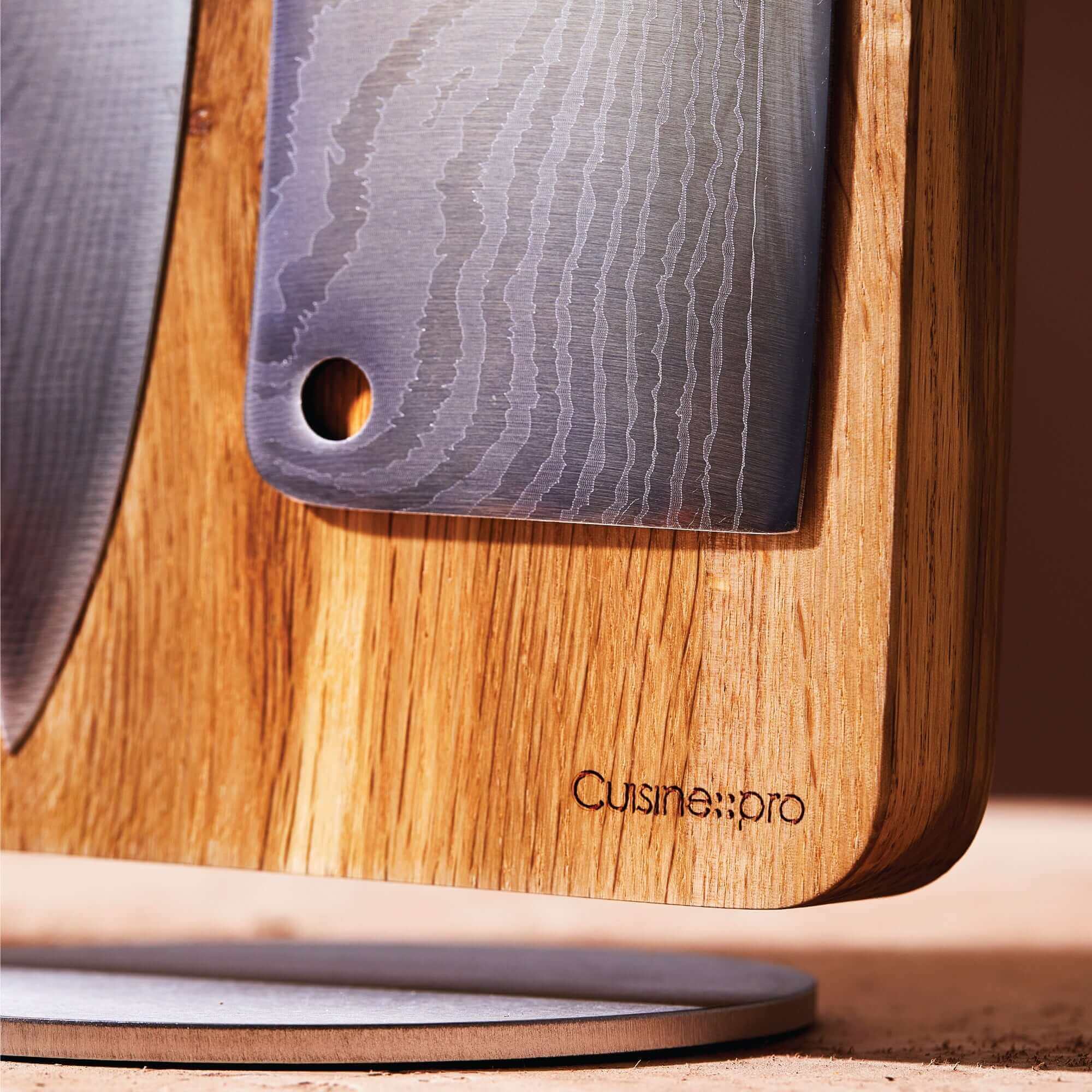 Cuisine::pro® Damashiro® Meiyo Knife Block 7 piece close-up showcasing superior quality Japanese steel knives and contemporary block design.