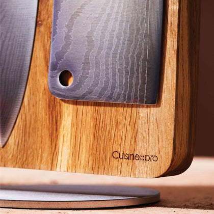 Cuisine::pro® Damashiro® Meiyo Knife Block 7 piece close-up showcasing superior quality Japanese steel knives and contemporary block design.