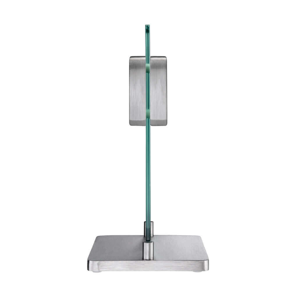Side view of THE CUSTOM CHEF™ Icon Magnetic Trophy Knife Block in brushed stainless steel and tempered glass