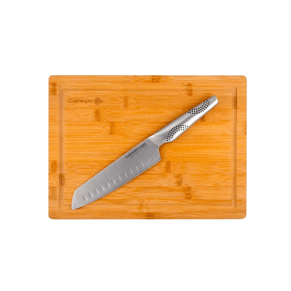 Cuisine::pro® iD3® Santoku Knife 18cm 7in on wooden Board Set 25.5cm x 35cm for agile chopping, slicing, dicing, and mincing.
